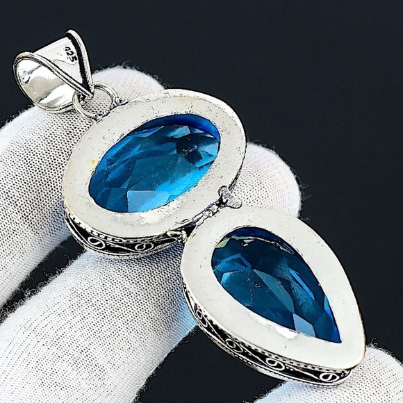 Sterling Silver Blue Topaz Pendant Gemstone Charm Necklace, Handmade - Picture 4 of 12